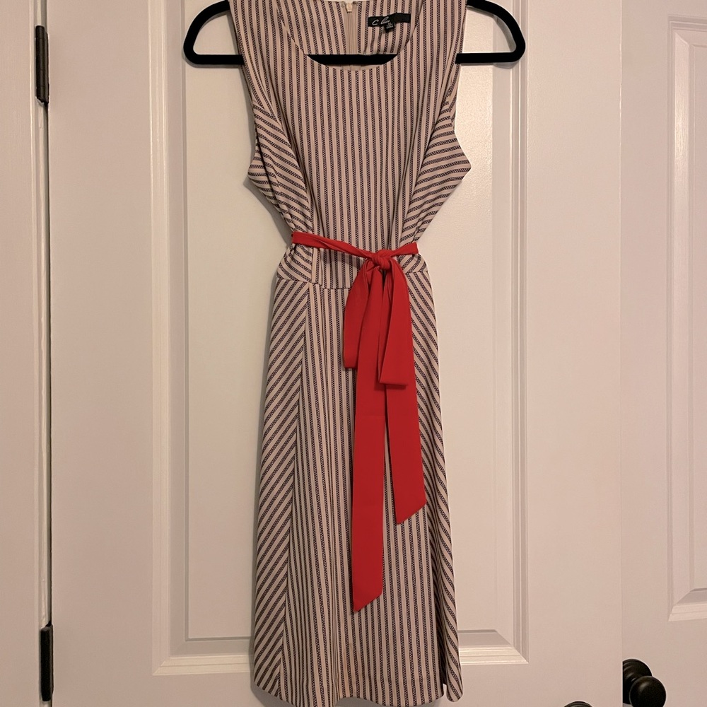 5 for $20 SALE! Striped Classic Fit and Flare dress with Bow - Picture 2 of 5